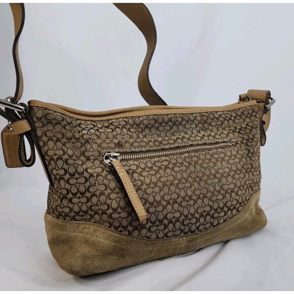 Coach Signature C Jacquard Suede Hobo Shoulder Bag Purse Tan Brown F10945 - Picture 2 of 16